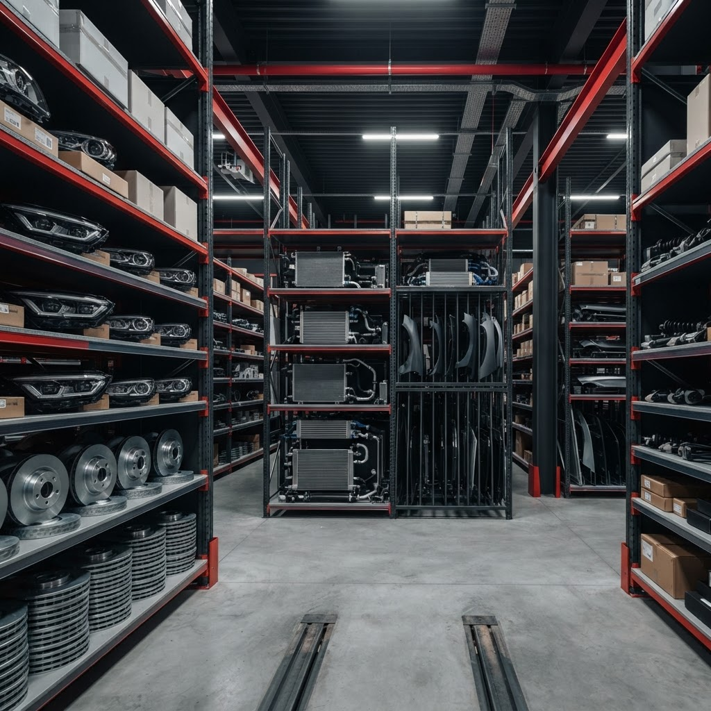 Organized warehouse shelves of quality-tested OEM auto parts